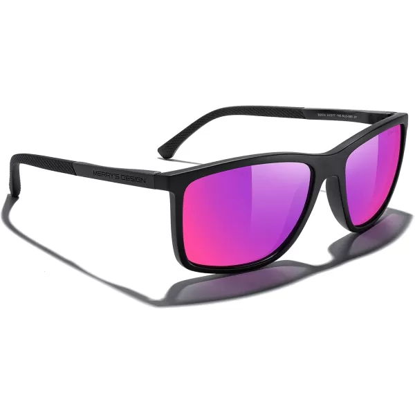 MERRYS Unisex Rectangle Polarized Sunglasses For Fishing Driving Golf Aluminum Temple S8658Matte Black FramePurple Mirror LensBlack Temples