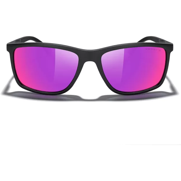 MERRYS Unisex Rectangle Polarized Sunglasses For Fishing Driving Golf Aluminum Temple S8658Matte Black FramePurple Mirror LensBlack Temples