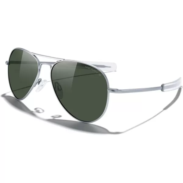 MERRYS Classic Aviator Military Polarized Sunglasses for Men or Women S8562Matte Chrome FrameGreen Polarized Lens