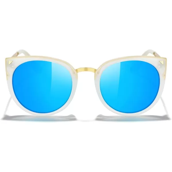 MERRYS Girls Cat Eye Sunglasses for kids Children Polarized Sunglasses S7001Tra Blue FrameGold MetalBlue Mirror Lens