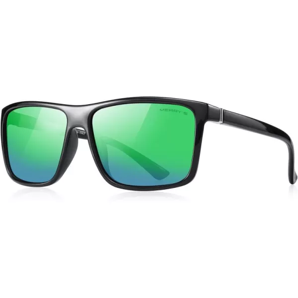MERRYS Rectangular Polarized Sports Sunglasses for Men Women Cycling Driving Fishing UV400 Protection S8225Black FrameGray MetalGreen Mirror Lens