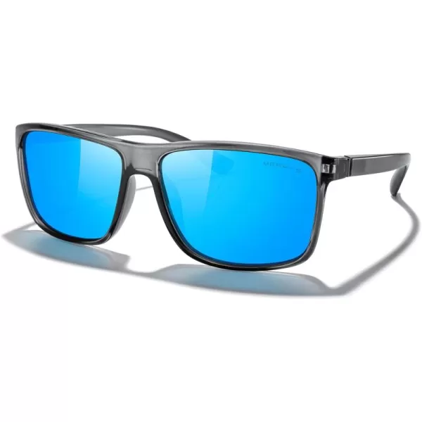 MERRYS Rectangular Polarized Sports Sunglasses for Men Women Cycling Driving Fishing UV400 Protection S8225Bright Tra Gray FrameGray MetalBlue Mirror Lens