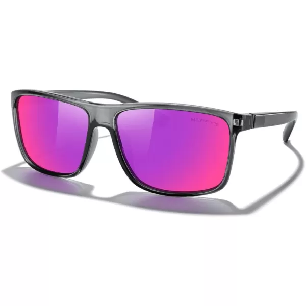 MERRYS Rectangular Polarized Sports Sunglasses for Men Women Cycling Driving Fishing UV400 Protection S8225Bright Tra Gray FrameGray MetalPurple Mirror Lens