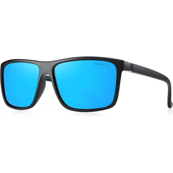 MERRYS Rectangular Polarized Sports Sunglasses for Men Women Cycling Driving Fishing UV400 Protection S8225Matte Black FrameBlack MetalBlue Mirror Lens