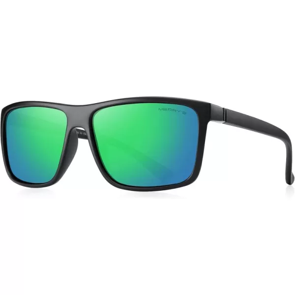 MERRYS Rectangular Polarized Sports Sunglasses for Men Women Cycling Driving Fishing UV400 Protection S8225Matte Black FrameBlack MetalGreen Mirror Lens