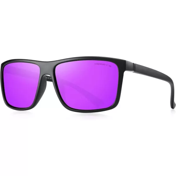 MERRYS Rectangular Polarized Sports Sunglasses for Men Women Cycling Driving Fishing UV400 Protection S8225Matte Black FrameBlack MetalPurple Mirror Lens
