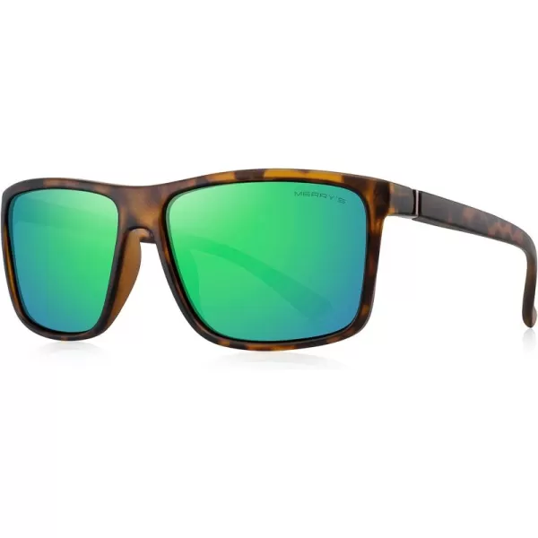 MERRYS Rectangular Polarized Sports Sunglasses for Men Women Cycling Driving Fishing UV400 Protection S8225Matte Leopard FrameBrown MetalGreen Mirror Lens