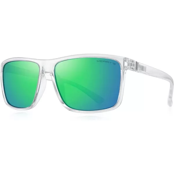 MERRYS Rectangular Polarized Sports Sunglasses for Men Women Cycling Driving Fishing UV400 Protection S8225Transparent FrameSilver MetalGreen Mirror Lens