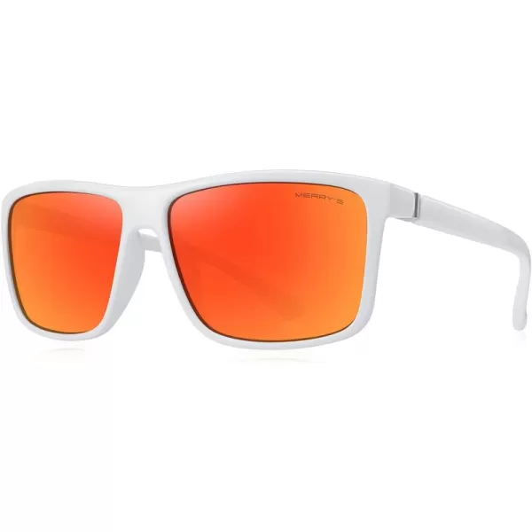 MERRYS Rectangular Polarized Sports Sunglasses for Men Women Cycling Driving Fishing UV400 Protection S8225White FrameSilver MetalRed Mirror Lens