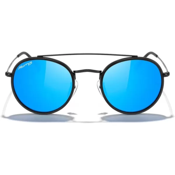MERRYS Retro Round Polarized Sunglasses  Unisex Double Bridge Sun GlassesMatte Black FrameMatte Black BridgeBlue Mirror Lens