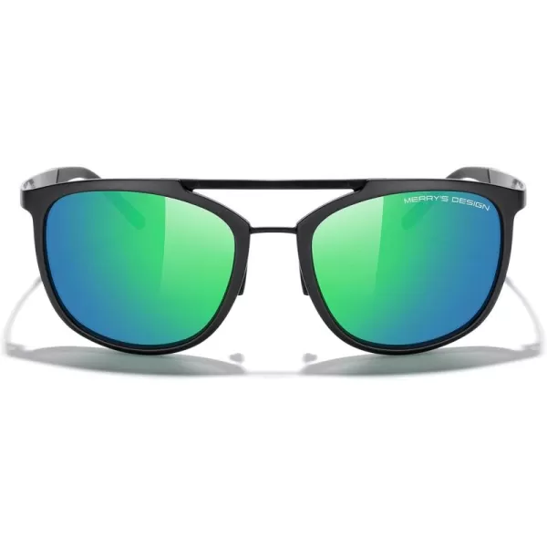 MERRYS Square Polarized Sunglasses for Men Women Vintage Double Bridge Sunglasses Mirrored LensMatte Black FrameMatte Black BridgeGreen Mirror Lens