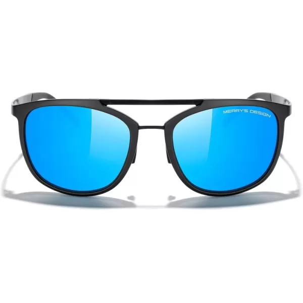 MERRYS Square Polarized Sunglasses for Men Women Vintage Double Bridge Sunglasses Mirrored LensMatte Black FrameMatte Black BridgeSky Blue Mirror Lens
