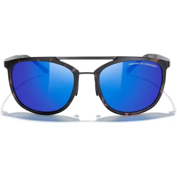 MERRYS Square Polarized Sunglasses for Men Women Vintage Double Bridge Sunglasses Mirrored LensTortoise FrameGray BridgeBlue Mirror Lens
