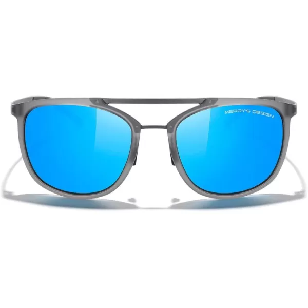 MERRYS Square Polarized Sunglasses for Men Women Vintage Double Bridge Sunglasses Mirrored LensTra Gray FrameGray BridgeSky Blue Mirror Lens