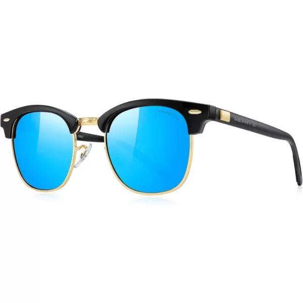 MERRYS Unisex Polarized Aluminum Sunglasses for Men Women Semi Rimless Retro Brand Driving Sun GlassesBlack FrameGold BridgeBlue Mirror Lens