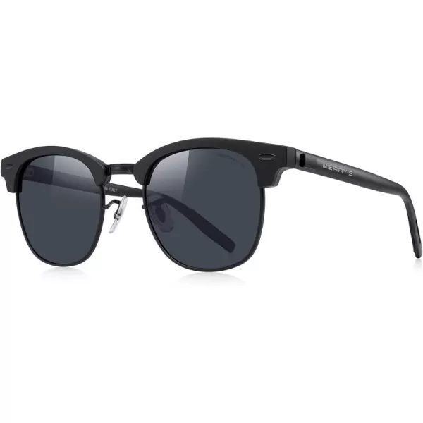 MERRYS Unisex Polarized Aluminum Sunglasses for Men Women Semi Rimless Retro Brand Driving Sun GlassesMatte Black FrameMatte Black BridgeBlack Lens