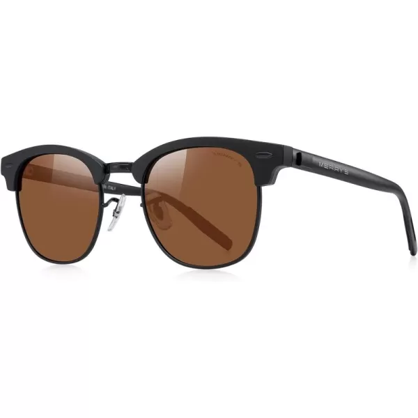 MERRYS Unisex Polarized Aluminum Sunglasses for Men Women Semi Rimless Retro Brand Driving Sun GlassesMatte Black FrameMatte Black BridgeBrown Lens