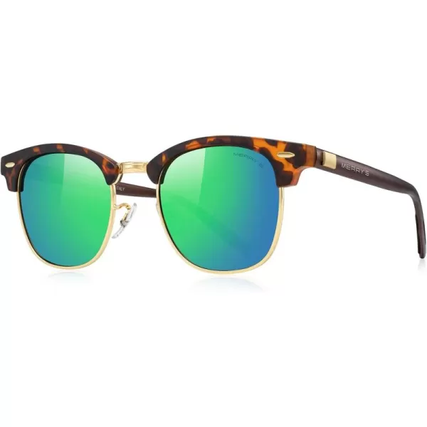 MERRYS Unisex Polarized Aluminum Sunglasses for Men Women Semi Rimless Retro Brand Driving Sun GlassesMatte Leopard FrameGold BridgeGreen Mirror Lens