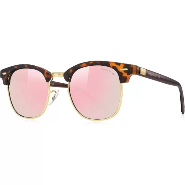 MERRYS Unisex Polarized Aluminum Sunglasses for Men Women Semi Rimless Retro Brand Driving Sun GlassesMatte Leopard FrameGold BridgePink Mirror Lens