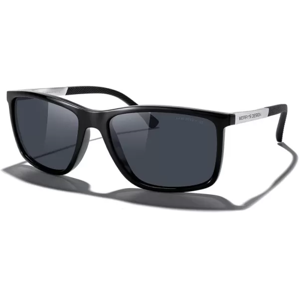 MERRYS Unisex Rectangle Polarized Sunglasses For Fishing Driving Golf Aluminum Temple S8658Black FrameBlack LensSilver Temples