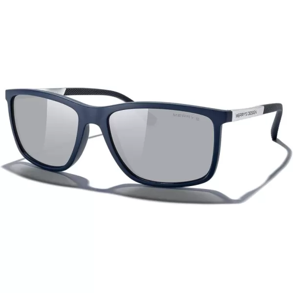 MERRYS Unisex Rectangle Polarized Sunglasses For Fishing Driving Golf Aluminum Temple S8658Blue FrameSilver Mirror LensSilver Temples