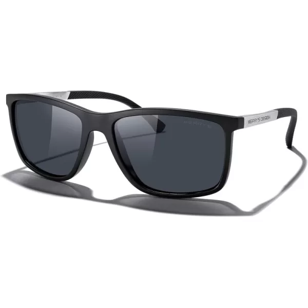 MERRYS Unisex Rectangle Polarized Sunglasses For Fishing Driving Golf Aluminum Temple S8658Matte Black FrameBlack LensSilver Temples