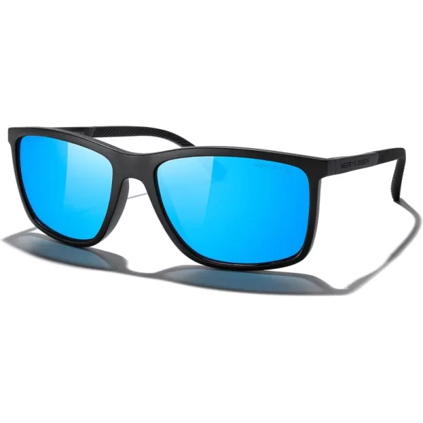 MERRYS Unisex Rectangle Polarized Sunglasses For Fishing Driving Golf Aluminum Temple S8658Matte Black FrameBlue Mirror LensBlack Temples