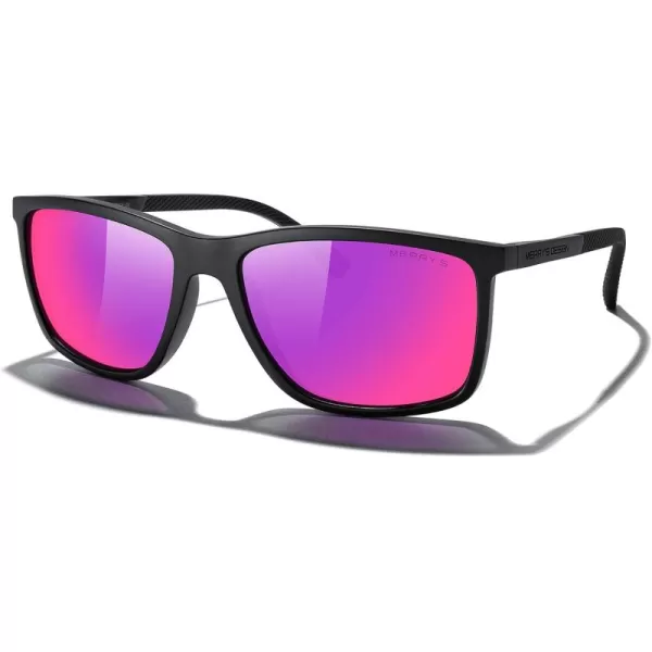 MERRYS Unisex Rectangle Polarized Sunglasses For Fishing Driving Golf Aluminum Temple S8658Matte Black FramePurple Mirror LensBlack Temples