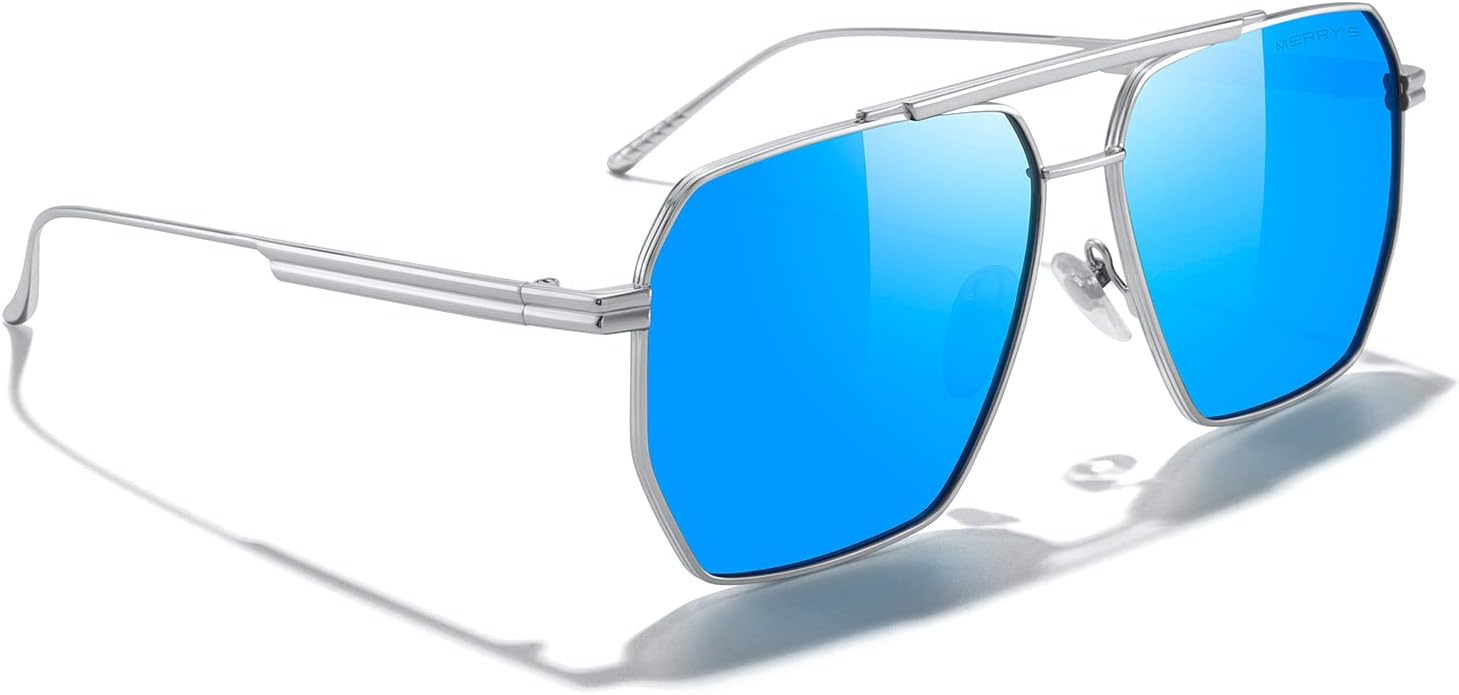 MERRYS Oversized Polarized Square Sunglasses for Women Men Vintage Retro Shades UV400 Classic Large Metal Sun GlassesSilver FrameBlue Mirror Lens