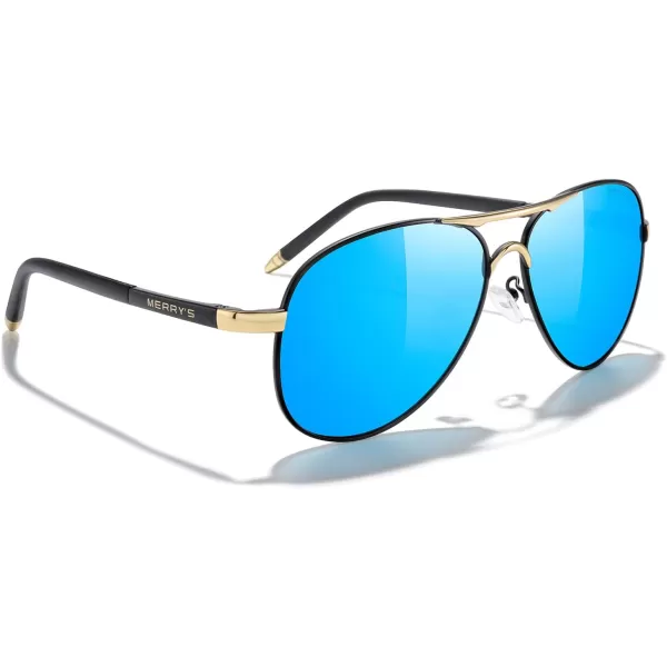 MERRYS Aviator Sunglasses For Men Women Polarized Driving Sun glasses UV400 Protection S8513Black FrameGold BridgeBlue Mirror Lens