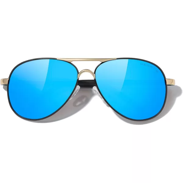 MERRYS Aviator Sunglasses For Men Women Polarized Driving Sun glasses UV400 Protection S8513Black FrameGold BridgeBlue Mirror Lens
