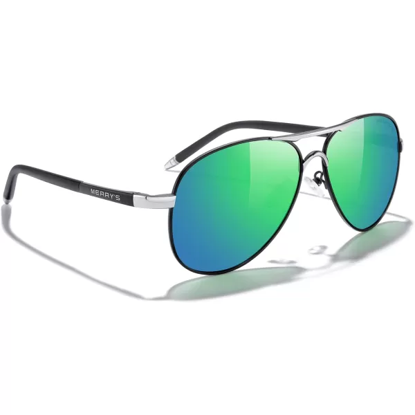 MERRYS Aviator Sunglasses For Men Women Polarized Driving Sun glasses UV400 Protection S8513Black FrameSilver BridgeGreen Mirror Lens
