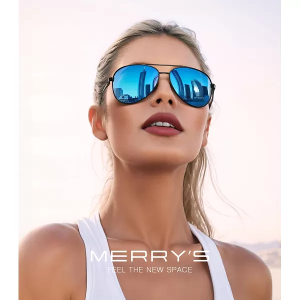 MERRYS Aviator Sunglasses for Men Women  Polarized Driving Sun glasses Mirrored Lens UV 400 Protection 58 MMBlack FrameBlue Mirror Lens