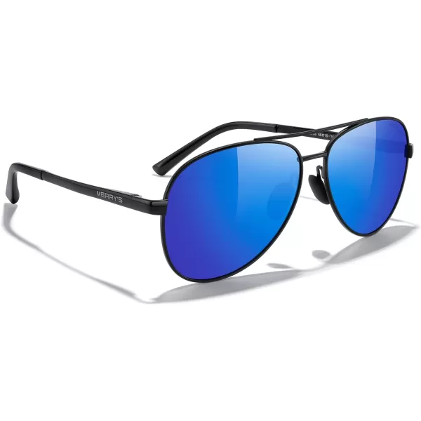 MERRYS Aviator Sunglasses for Men Women  Polarized Driving Sun glasses Mirrored Lens UV 400 Protection 58 MMBlack FrameBlue Mirror Lens
