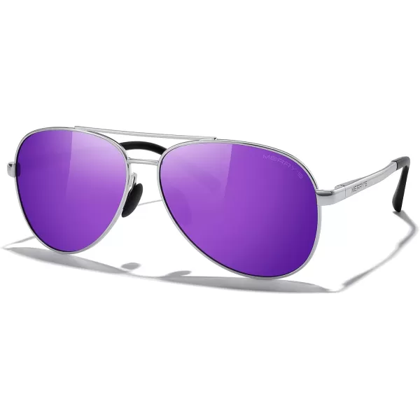MERRYS Aviator Sunglasses for Men Women  Polarized Driving Sun glasses Mirrored Lens UV 400 Protection 58 MMSilver FramePurple Mirror Lens