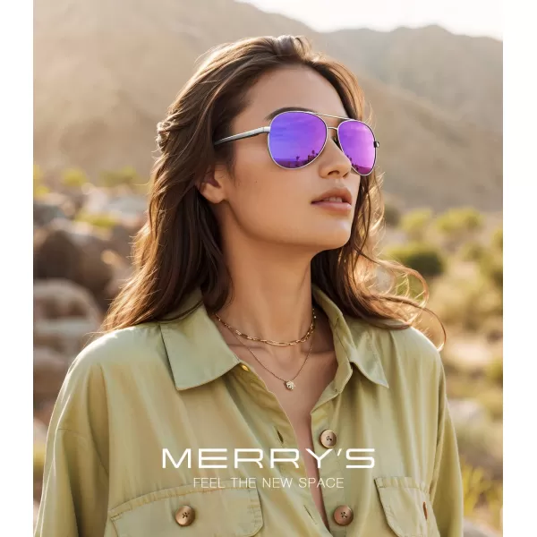MERRYS Aviator Sunglasses for Men Women  Polarized Driving Sun glasses Mirrored Lens UV 400 Protection 58 MMSilver FramePurple Mirror Lens