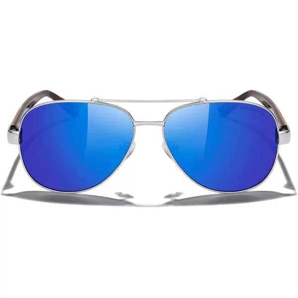 MERRYS Aviator Sunglasses for Men Women Polarized Shades Acetate Temple S8528Silver FrameBlue Mirror LensLeopardsivler Temples