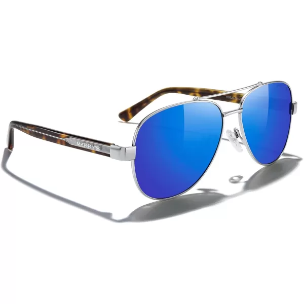 MERRYS Aviator Sunglasses for Men Women Polarized Shades Acetate Temple S8528Silver FrameBlue Mirror LensLeopardsivler Temples