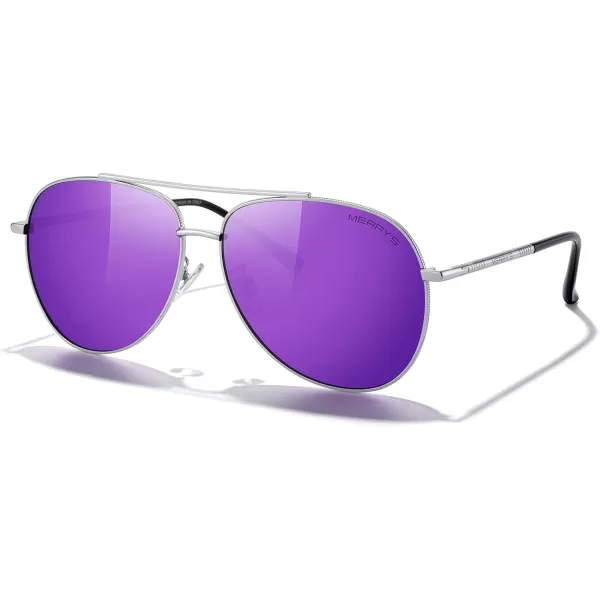 MERRYS Aviator Sunglasses for Women Men Polarized Mirror Lens with Case  Polarized Driving Sun glasses 60 MMSilver FramePurple Mirror Lens