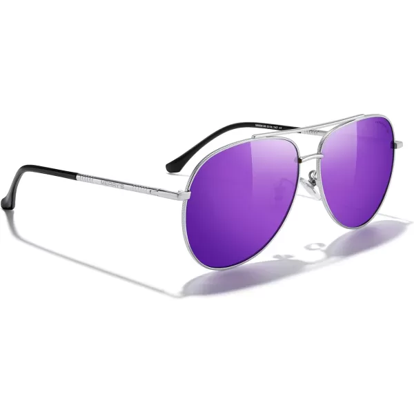 MERRYS Aviator Sunglasses for Women Men Polarized Mirror Lens with Case  Polarized Driving Sun glasses 60 MMSilver FramePurple Mirror Lens