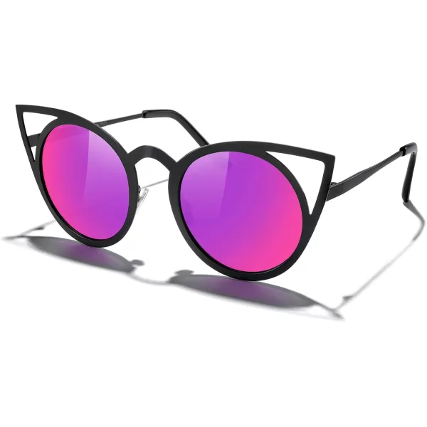 MERRYS Cat Eye Sunglasses Round Metal CutOut Flash Mirror Lens Sun glasses S8064Black Framepurple Mirror Lens