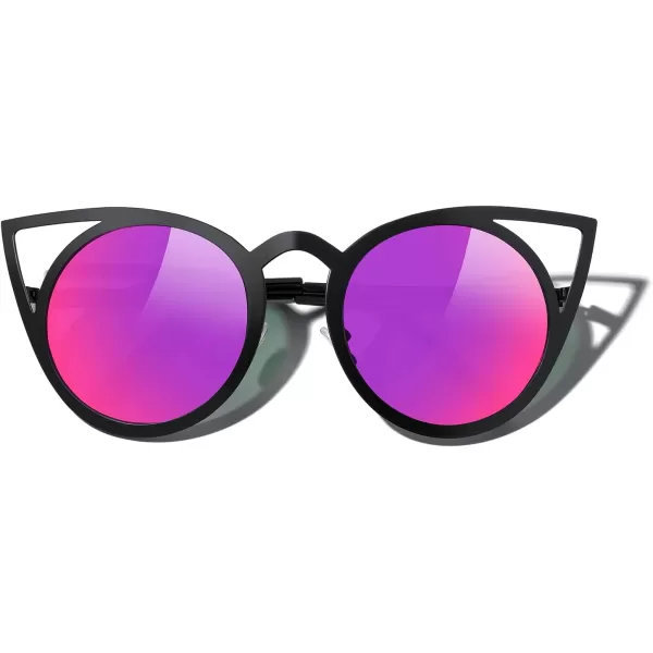 MERRYS Cat Eye Sunglasses Round Metal CutOut Flash Mirror Lens Sun glasses S8064Black Framepurple Mirror Lens