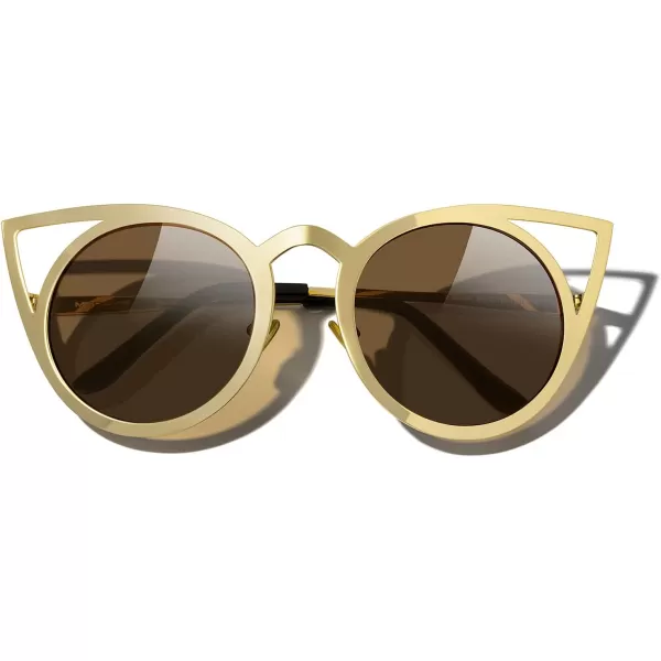 MERRYS Cat Eye Sunglasses Round Metal CutOut Flash Mirror Lens Sun glasses S8064Gold Framebrown Lens