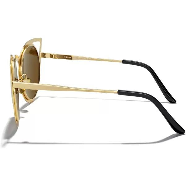 MERRYS Cat Eye Sunglasses Round Metal CutOut Flash Mirror Lens Sun glasses S8064Gold Framebrown Lens