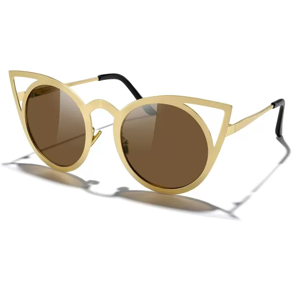 MERRYS Cat Eye Sunglasses Round Metal CutOut Flash Mirror Lens Sun glasses S8064Gold Framebrown Lens