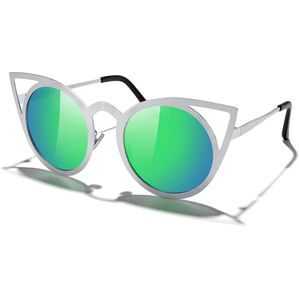 MERRYS Cat Eye Sunglasses Round Metal CutOut Flash Mirror Lens Sun glasses S8064Green