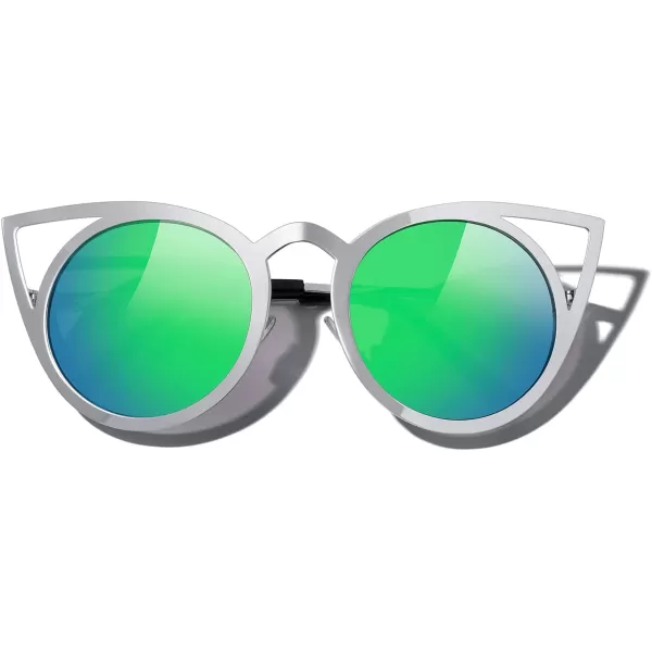 MERRYS Cat Eye Sunglasses Round Metal CutOut Flash Mirror Lens Sun glasses S8064Green