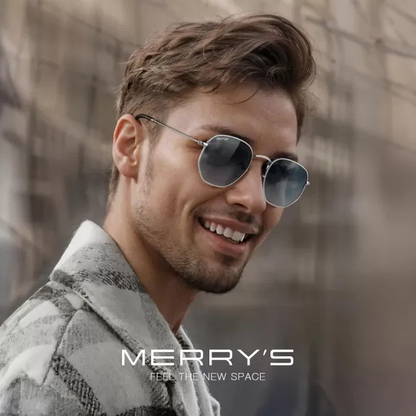 MERRYS Classic Polarized Sunglasses for Women Men Vintage Polygon Square Shades S6548Matte Chrome FrameBlue Gradient Lens