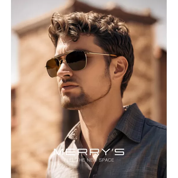 MERRYS Classic Square Aviator II Military Polarized Sunglasses for Men or Women S863723k Gold FrameBrown Polarized Lens