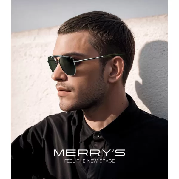 MERRYS Classic Square Aviator II Military Polarized Sunglasses for Men or Women S8637Bright Chrome FrameGreen Polarized Lens
